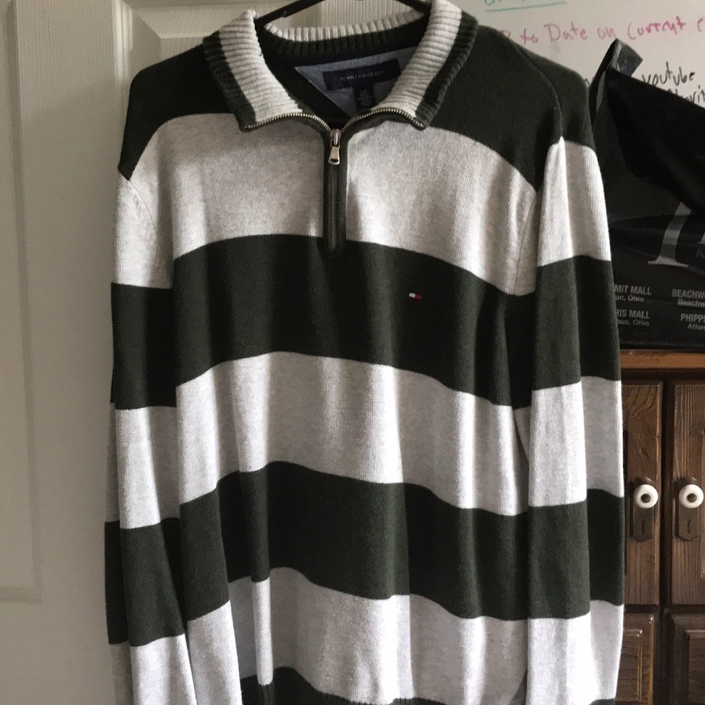 Tommy Hilfiger Green and White 1/4 zip Sweater
